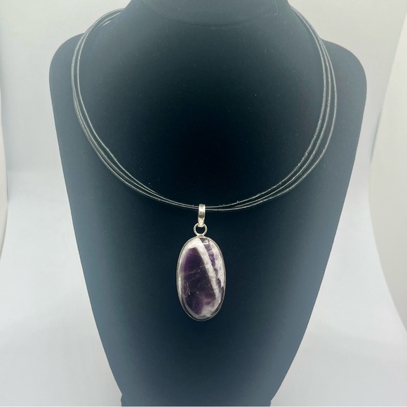 Sterling Silver Chevron Amethyst Pendant Necklace 925 Purple Banded Quartz - Picture 2 of 11